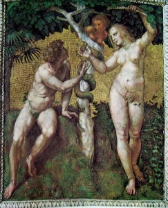 Raffaello Sanzio: Adamo ed Eva – Particolare della volta:, Stanza della Segnatura, Vaticano, cm. 170 –